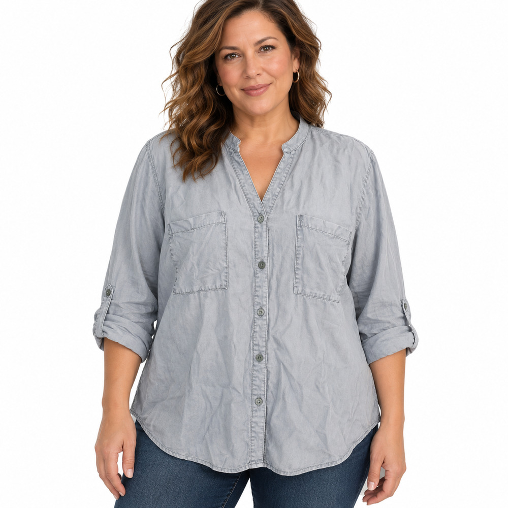 Chicos Chambray Blue Button Up Long Sleeve Soft Casual Roll Tab Top Shirt 3/ XL